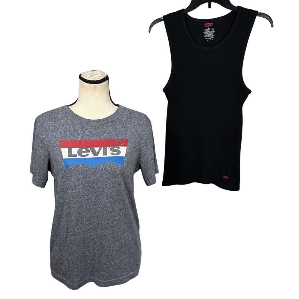 Levi's Logo T-shirt Bundle Gray Short Sleeve & Black Ribbed Tank Casual Cotton L